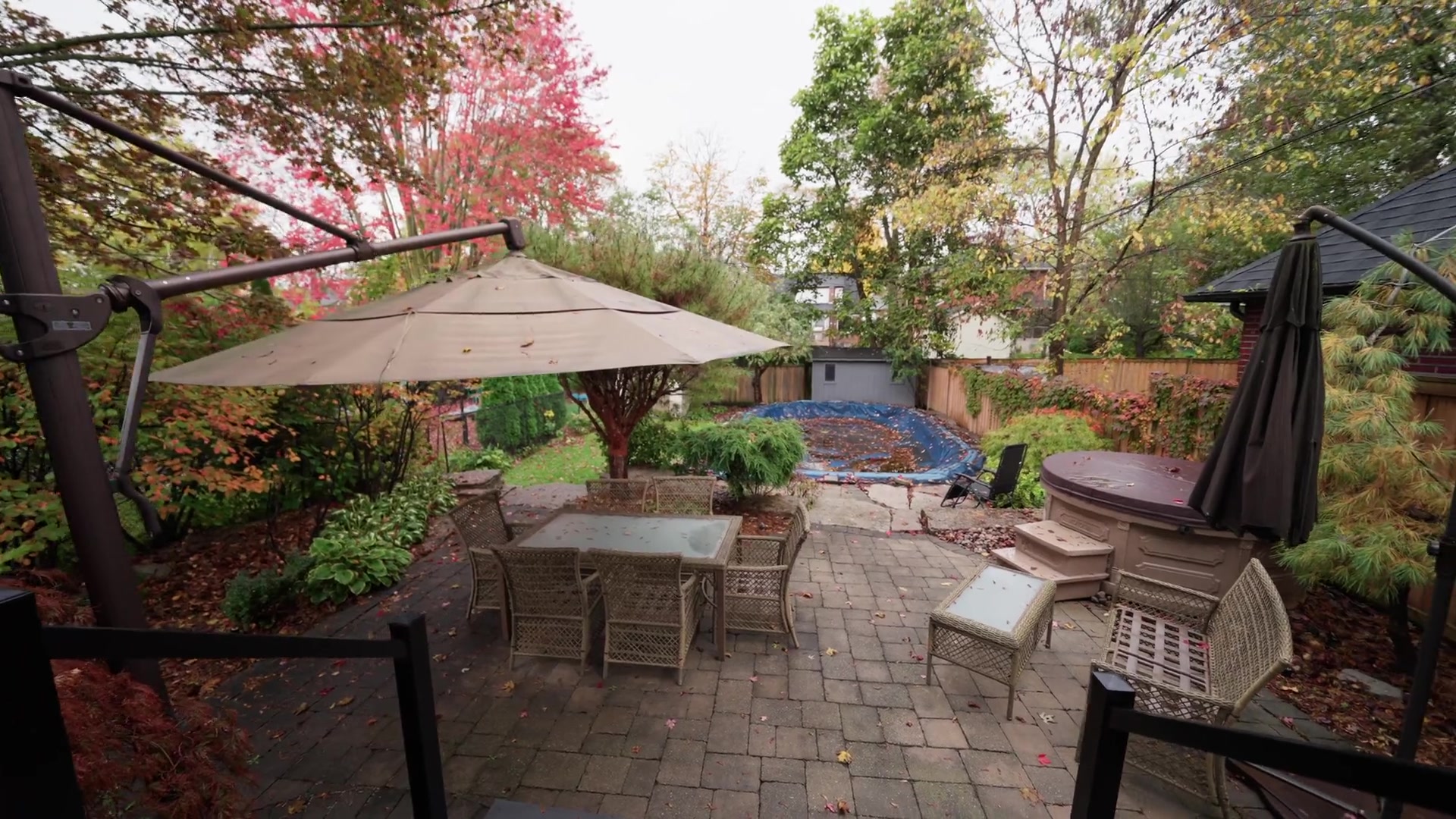 Backyard patio with umbrella and seasonal inground pool