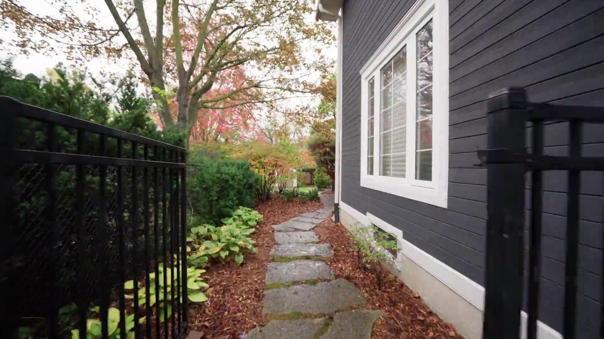 Side yard with stone path and autumn leaves